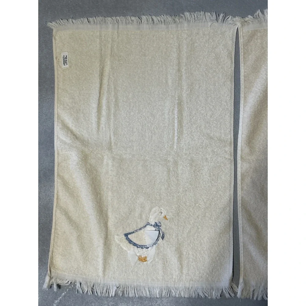 Vintage Cannon Geese Hand Towels Set of 2 Cream Blue Fringed Made in USA 1980s